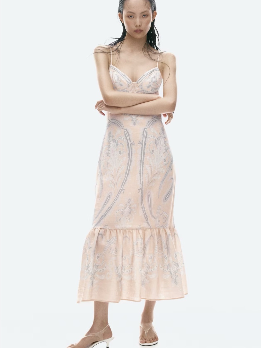 H&M Pale Pink Paisley Slip Dress with Ruffle Hem